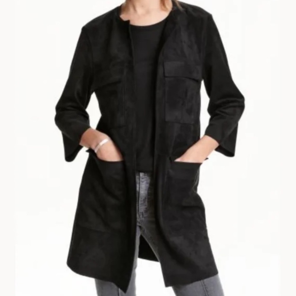 H&M Black Boho Faux Suede Open Duster Long Jacket 3/4 Sleeve Women's Sz 2